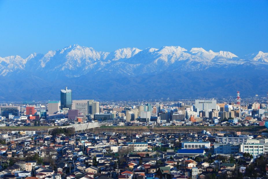 The Tateyama mountain range forms a permanently beautiful backdrop to Toyama city, in the prefecture of the same name. 