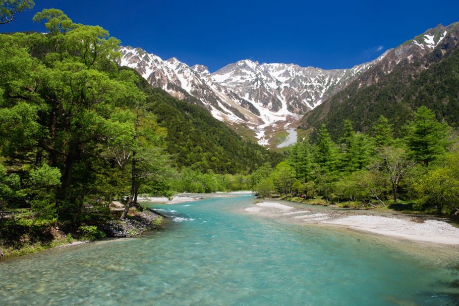 Mount Hotaka, part of Japan's Northern Alps -- or Hida Mountains -- overlooks the Azusa River, which flows through the highland valley of Kamikochi. More of Japan's most beautiful mountainous landscapes ahead.