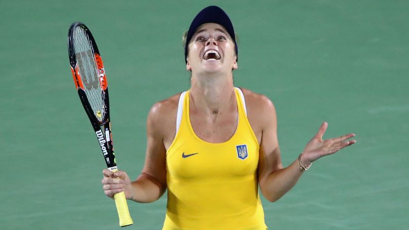 Ukrainian tennis player Elina Svitolina reacts after <a href="index.php?page=&url=http%3A%2F%2Fwww.cnn.com%2F2016%2F08%2F09%2Ftennis%2Fserena-williams-beaten-svitolina-rio-olympics%2Findex.html" target="_blank">her third-round victory</a> over top-ranked Serena Williams. Svitolina won 6-4, 6-3.