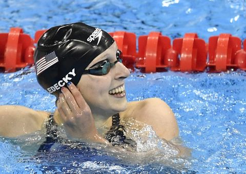 American Katie Ledecky smiles after winning the 200-meter freestyle. It is her second gold in the Rio Games. She also won the 400-meter freestyle.