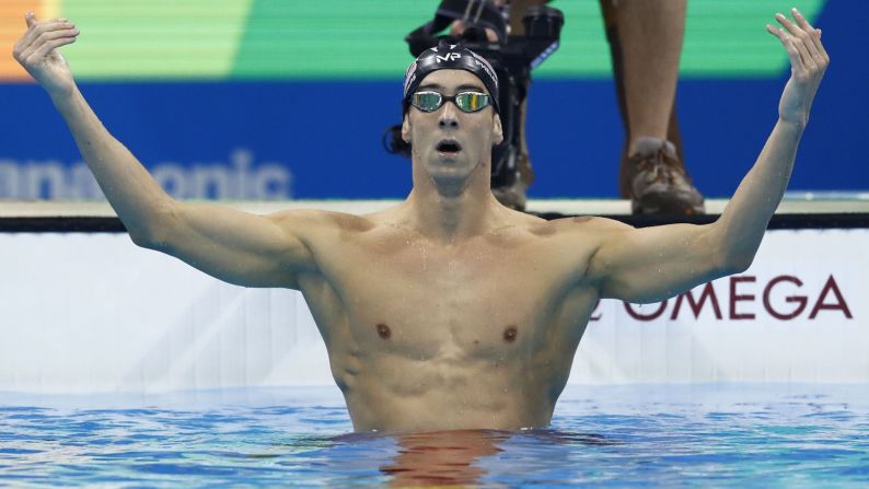 U.S. swimmer Michael Phelps, the most decorated Olympian of all time, gestures after winning the 200-meter butterfly on Tuesday, August 9. It was the 20th gold medal of his Olympic career. Later in the night, Phelps <a href="index.php?page=&url=http%3A%2F%2Fwww.cnn.com%2F2016%2F08%2F09%2Fsport%2Fmichael-phelps-katie-ledecky-swimming%2Findex.html" target="_blank">won his 21st gold</a> -- and his 25th medal in all -- after swimming the anchor leg in the 4x200 freestyle.
