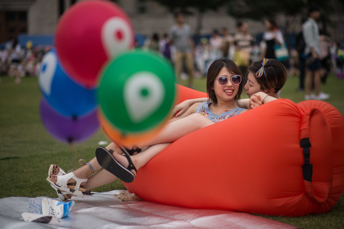 Revelers at a gay pride parade in Seoul, South Korea in June 2016. 