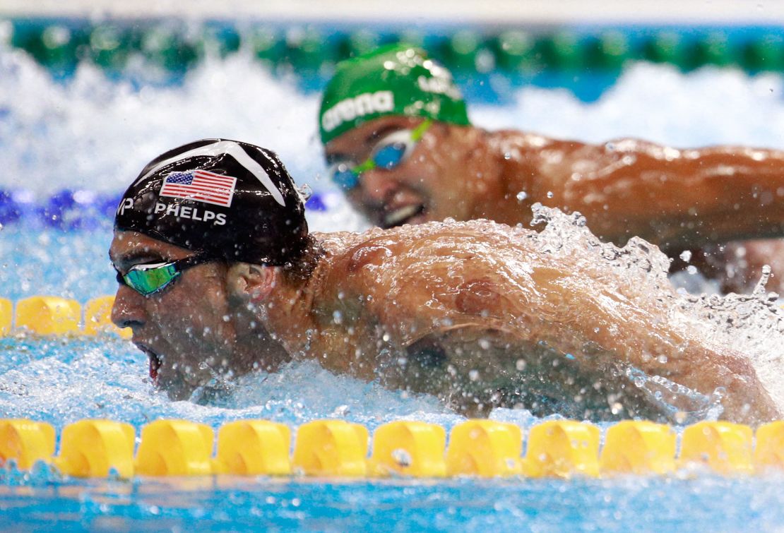 Chad le Clos looks on as Michael Phelps goes on to win gold.