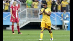 Mavis Chirandu of Zimbabwe celebrates her goal against Canada on Saturday in the Olympics.