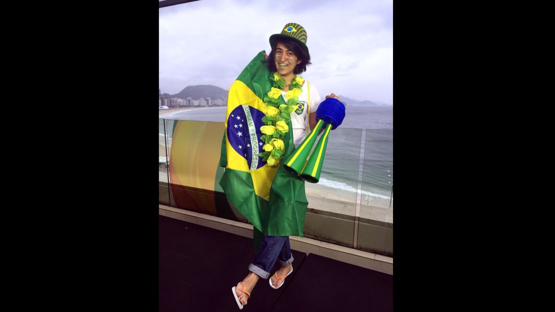 Here's the full Brazilian fandom effect. I'm decked out from head to toe in green and yellow for Rio 2016.