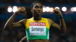 BERLIN - AUGUST 19:  Caster Semenya of South Africa celebrates winning the gold medal in the women's 800 Metres Final during day five of the 12th IAAF World Athletics Championships at the Olympic Stadium on August 19, 2009 in Berlin, Germany.  (Photo by Stu Forster/Getty Images)