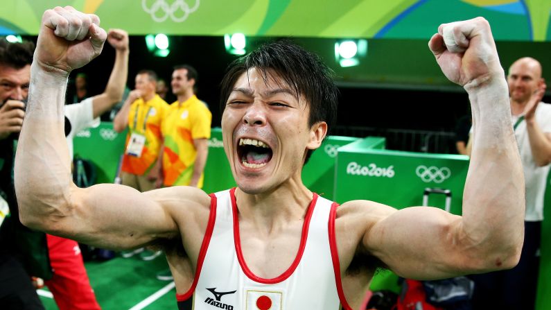 Japanese gymnast Kohei Uchimura celebrates after <a href="index.php?page=&url=http%3A%2F%2Fedition.cnn.com%2F2016%2F08%2F10%2Fsport%2Fmens-gymnastics-kohei-uchimura%2Findex.html" target="_blank">winning the individual all-around.</a> Uchimura also won the all-around in 2012.