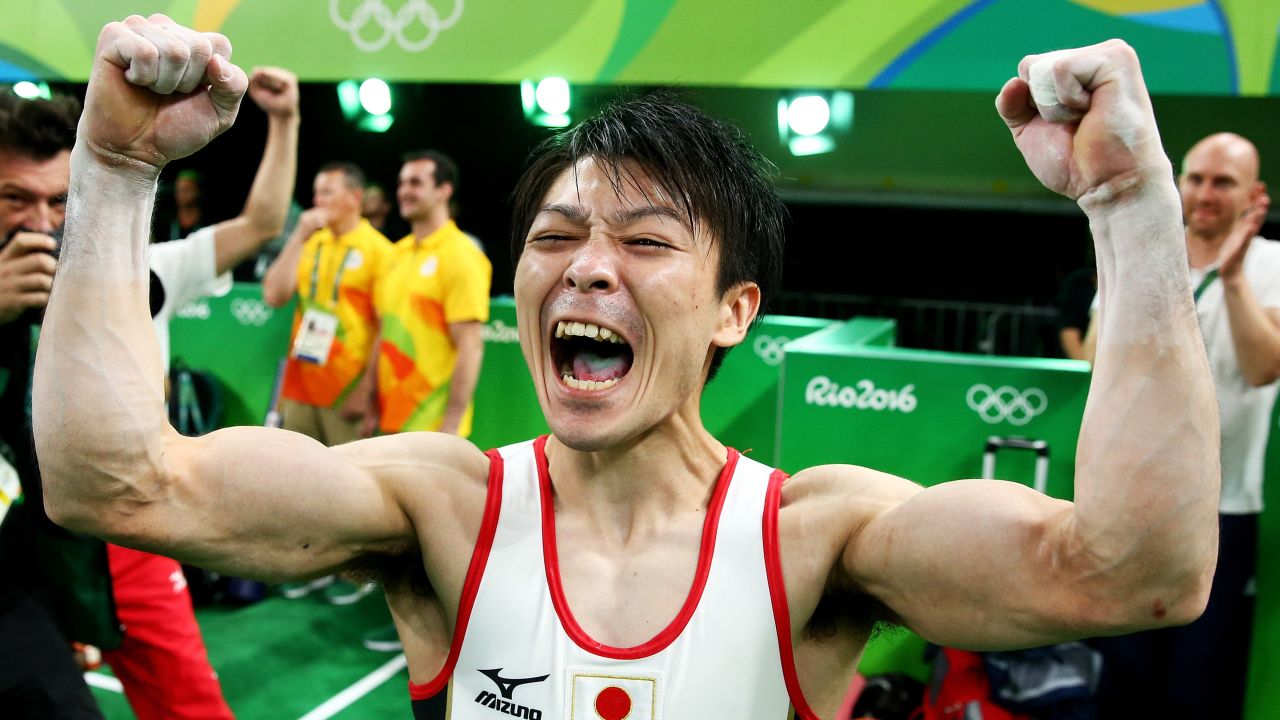 Kohei Uchimura of Japan celebrates winning the gold medal during the Men's Individual All-Around final on Day 5 of the Rio 2016 Olympic Games at the Rio Olympic Arena.