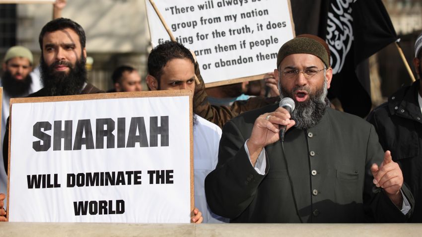 Anjem Choudary speaks at a protest against military action taken by the UK, USA and France in Libya on March 21, 2011 in London, England.