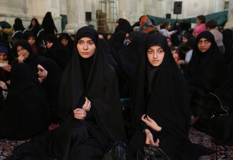 <strong>Chador:</strong> The full-body black garment leaves the face exposed. These Iranian women are wearing chadors at a political meeting in Tehran.