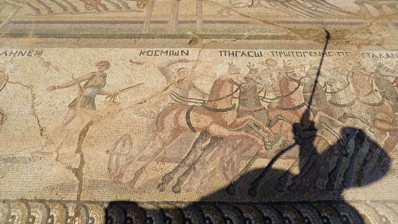 Fryni Hadjichristofi's shadow falls over the mosaic floor, depicting scenes from an ancient chariot race.