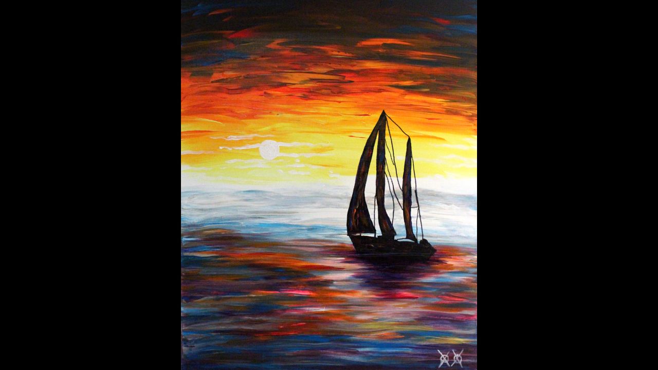 "Cast Off": "Sailboats are a theme I come back to time and again. I love the symbolism of freedom they represent. In this piece, the sky and water are actually the colors that I heard while listening to some music performed by Galactic, an amazing New Orleans jazz band."
