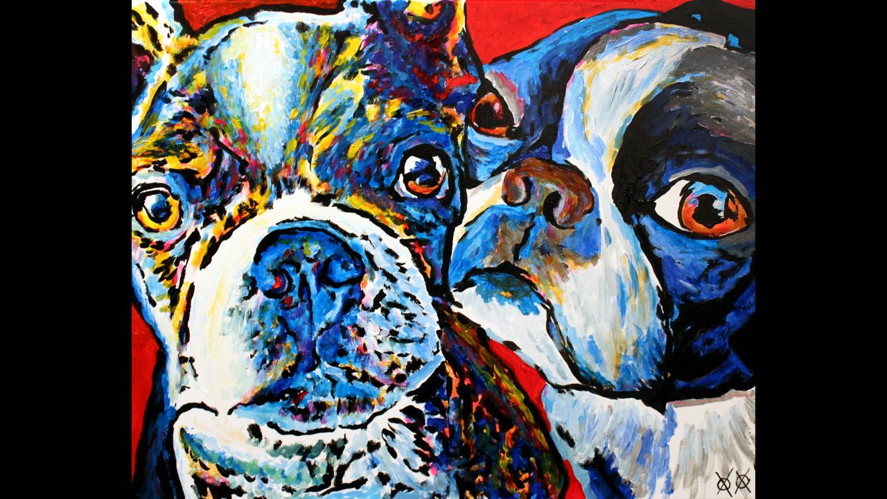 "Zimmie and Zoey": "Most of my paintings are of real people and animals that I am lucky enough to meet. My having to touch to 'see' what someone/thing looks like is especially fun when I get to work with a pair like these two pups!"