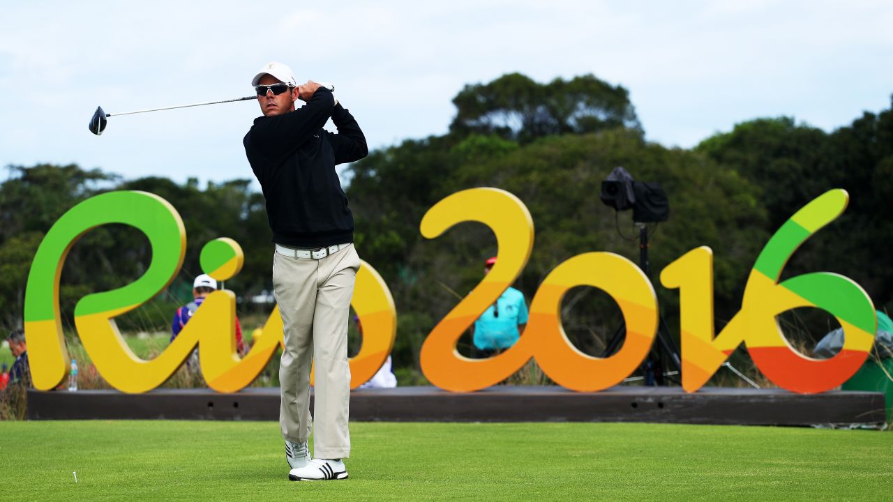 South Africa's Jaco van Zyl hits a tee shot during the first round of the golf competition.