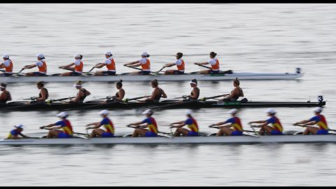 Rowing teams from Romania, New Zealand and the Netherlands race during the women's eight competition.
