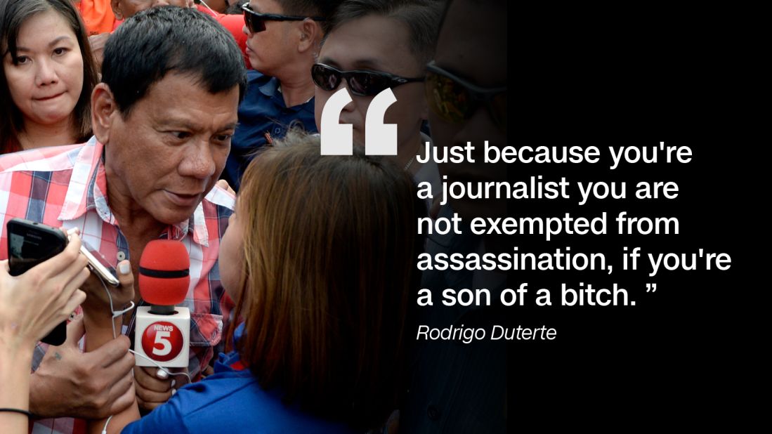 Speaking at a press conference to unveil his new cabinet on May 31 2016, Rodrigo Duterte said journalists killed on the job in the Philippines were often corrupt.