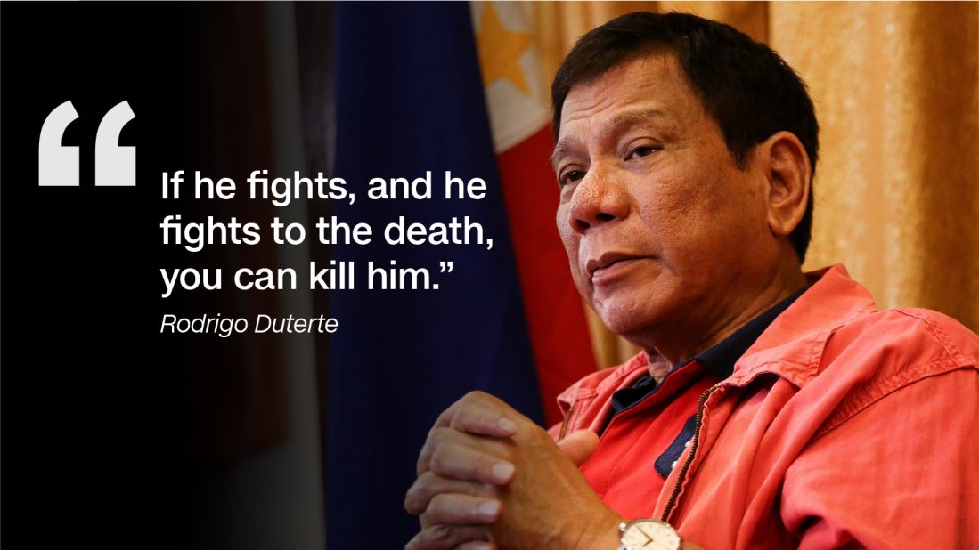 The Philippines president-elect effectively said he supported vigilantism against drug dealers and criminals in a nationally televised speech in June 2016.