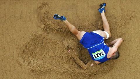 Moldova's Victor Covalenco competes in the long jump portion of the decathlon during the 2008 Olympic Games in Beijing. Photographer Al Bello has covered 11 different Olympics during his career.