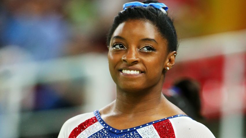 RIO DE JANEIRO, BRAZIL - AUGUST 11:  Simone Biles of the United States looks on during the Women's Individual All Around Final on Day 6 of the 2016 Rio Olympics at Rio Olympic Arena on August 11, 2016 in Rio de Janeiro, Brazil.  (Photo by Alex Livesey/Getty Images)