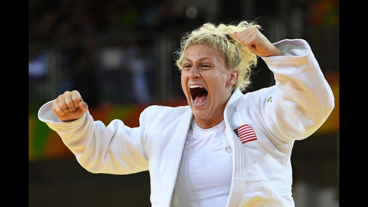 American Kayla Harrison celebrates after winning the judo gold medal in the 78-kilogram (172-pound) weight class. Harrison also won gold at the 2012 London Games.