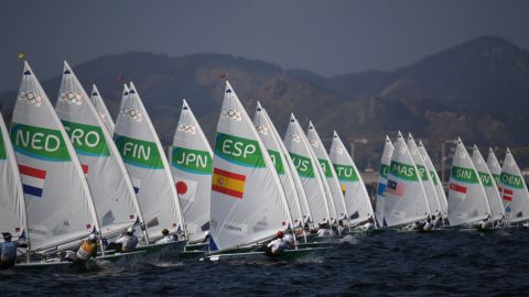 Competitors sail during the women's Laser Radial event.