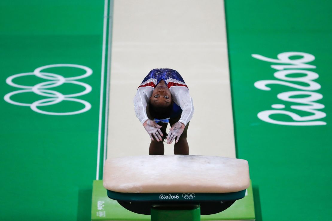 Simone Biles competes at the 2016 Rio Olympics. The vaulting table is now larger and safer than in decades past.