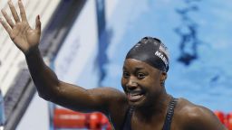 United States' Simone Manuel waves after winning the gold and setting a new olympic record in the women's 100-meter freestyle during the swimming competitions at the 2016 Summer Olympics, Thursday, Aug. 11, 2016, in Rio de Janeiro, Brazil. (AP Photo/Natacha Pisarenko)