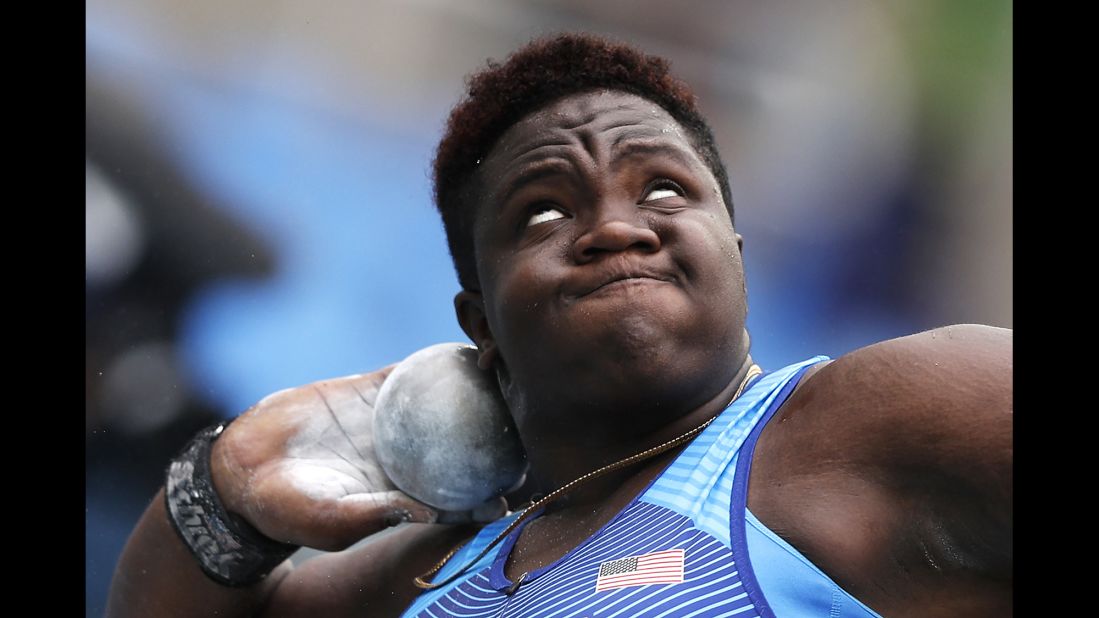 U.S. athlete Raven Saunders competes in the shot put.