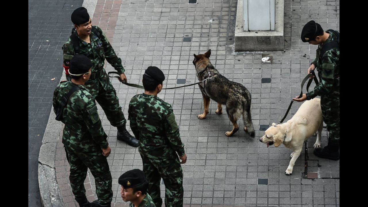 Thai soldiers and bomb-sniffing dogs gather near the Erawan Shrine on August 12 in Bangkok. The shrine, a popular tourist spot, was the site of a bomb attack almost one year ago. Small bomb attacks are common in Thailand during times of heightened political tension, but there have been few such incidents in the past year after the 2015 blast at Erawan Shrine, and it is rare for tourists -- a key source of income for the kingdom -- to be targeted.