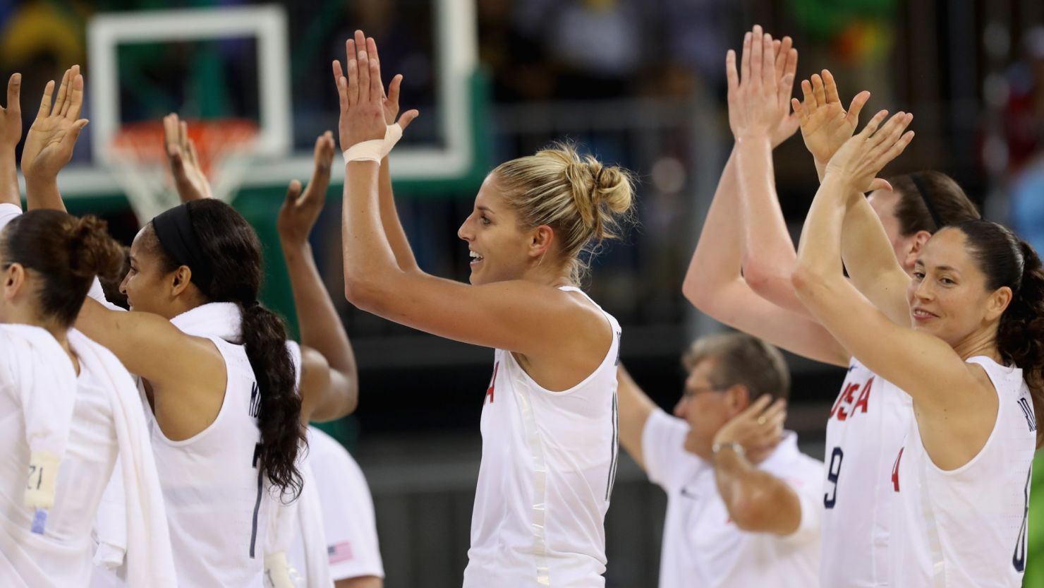Elena Delle Donne (center) and the rest of Team USA celebrate their 110-84 win over Serbia in the Rio 2016 Olympic Games.
