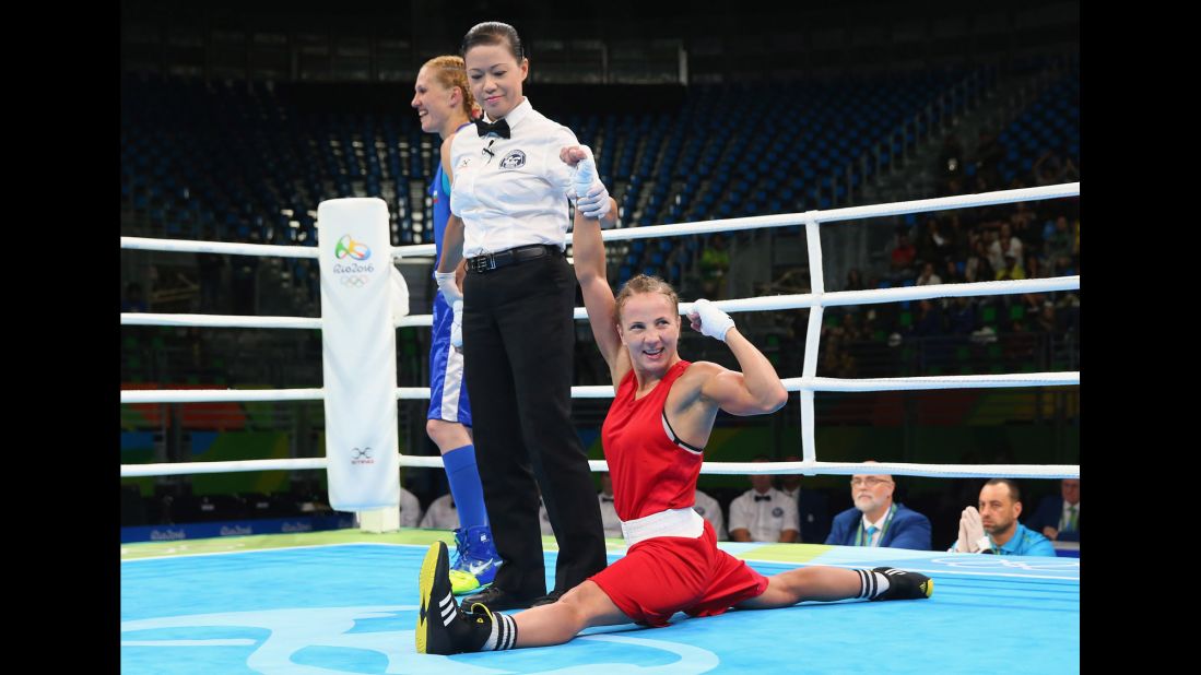 Ukrainian boxer Tetyana Kob celebrates a victory in the flyweight preliminaries.