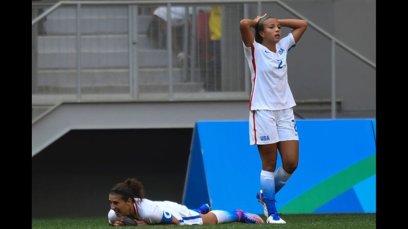 U.S. soccer players Mallory Pugh, right, and Carli Lloyd react during their<a href="index.php?page=&url=http%3A%2F%2Fwww.cnn.com%2F2016%2F08%2F12%2Ffootball%2Fusa-sweden-football-olympics%2Findex.html" target="_blank"> quarterfinal loss to Sweden.</a> Sweden won on penalty kicks after a 1-1 draw in extra time. It was the United States' first Olympic loss since 2000.