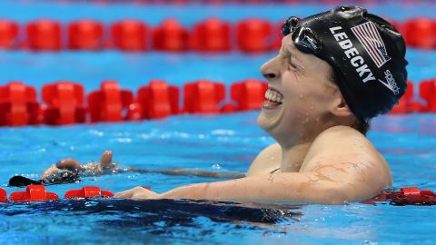 U.S. swimmer Katie Ledecky celebrates after setting a new world record in the 800-meter freestyle on Friday, August 12. It was her fourth gold medal in Rio and the fifth of her Olympic career. She also won the 800 free in London four years ago.