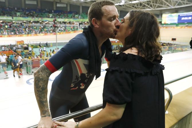 A kiss for wife Catherine after Wiggins wins his fifth and final Olympic gold medal in the men's team pursuit final at the Rio Velodrome in August.