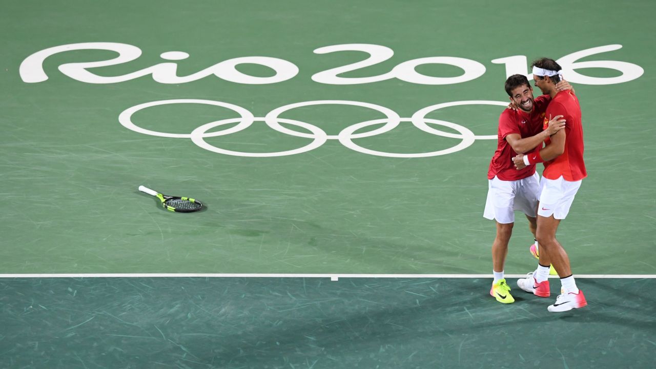 Spain's Rafael Nadal and Marc Lopez celebrate after winning the men's doubles final in Rio.