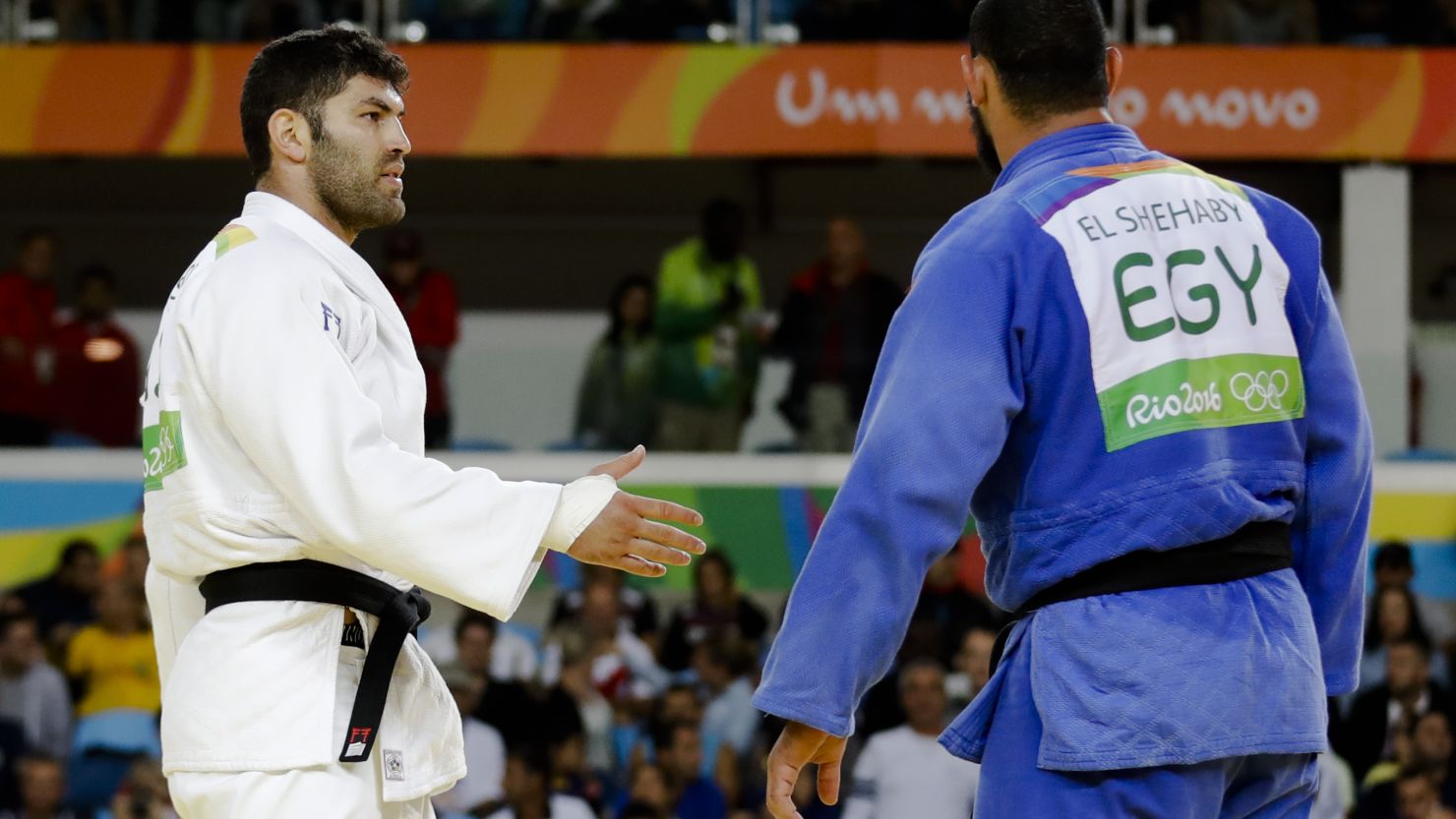 Egypt's Islam El Shehaby, blue, declines to shake hands with Israel's Or Sasson, white, after losing during the men's over 100-kg judo competition at the Rio Olympic Games on Friday, August 12. 