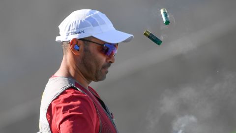 Qatar's Nasser Al-Attiya competes during the skeet  shooting qualifications.