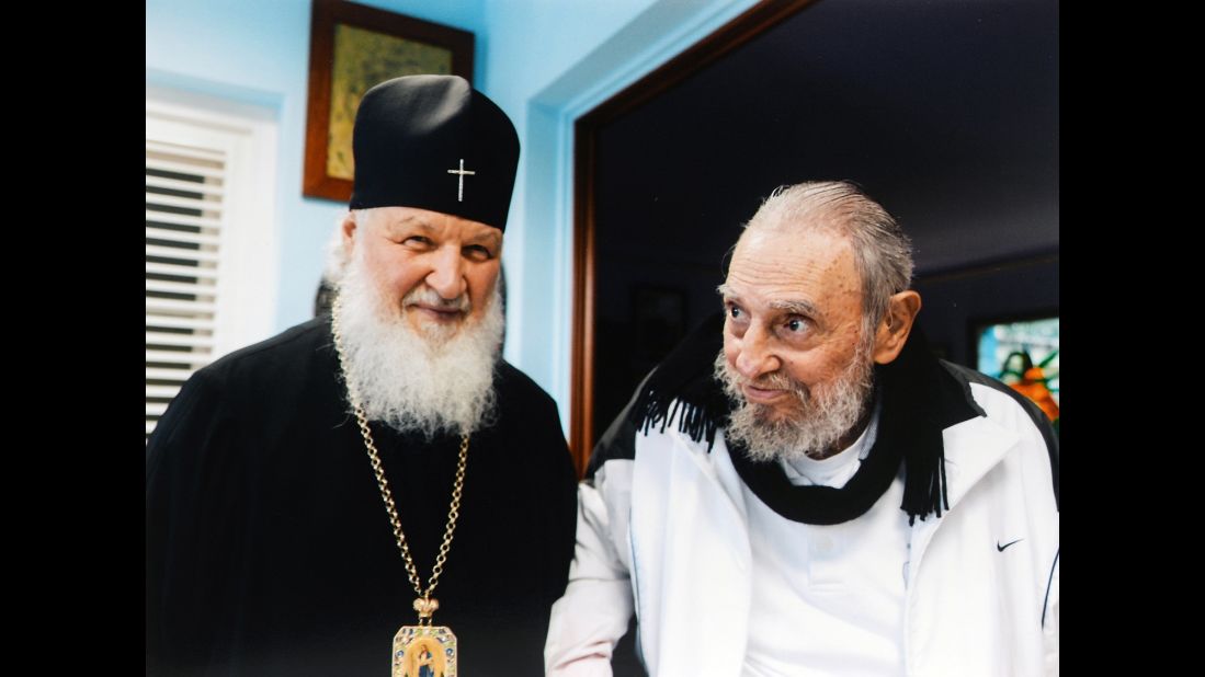 Leader of the Russian Orthodox Church, Patriarch Kirill, left, visits with Fidel Castro during a meeting at Castro's home on February 14, 2016.