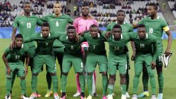 Nigeria's line up team poses for photos before a group B match of the men's Olympic football tournament between Colombia and Nigeria in Sao Paulo, Brazil, Wednesday Aug. 10, 2016. (AP Photo/Nelson Antoine)

