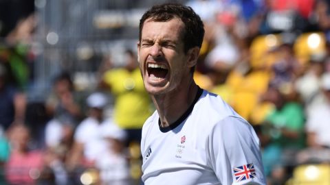 Britain's Andy Murray celebrates after beating Japan's Kei Nishikori during their singles semifinal tennis match.