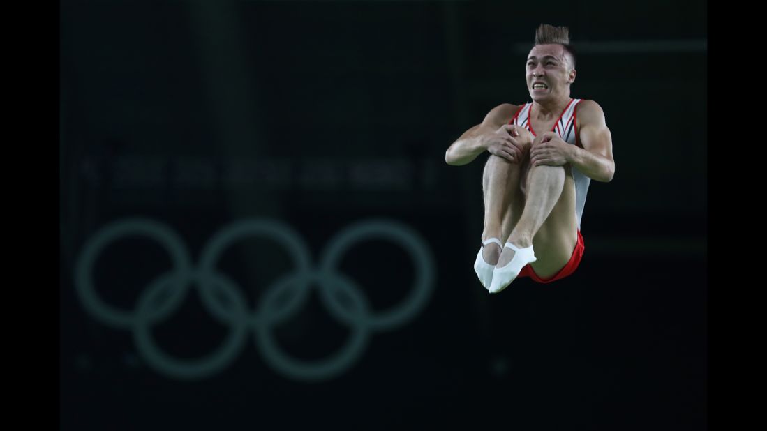 Uladzislau Hancharou of Belarus performs on the trampoline. He earned gold in the individual competition.