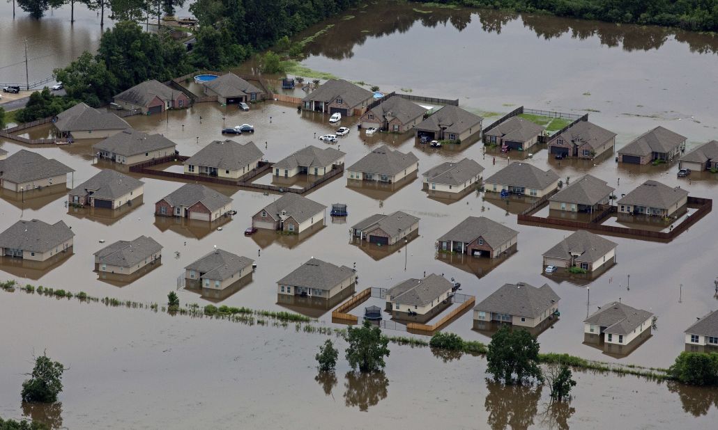 An aerial view of flood-damaged homes in Hammond on August 13.