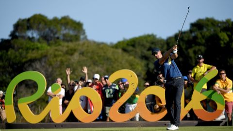 Henrik Stenson of Sweden tees off on the 16th hole during the third round at the Rio Olympics.