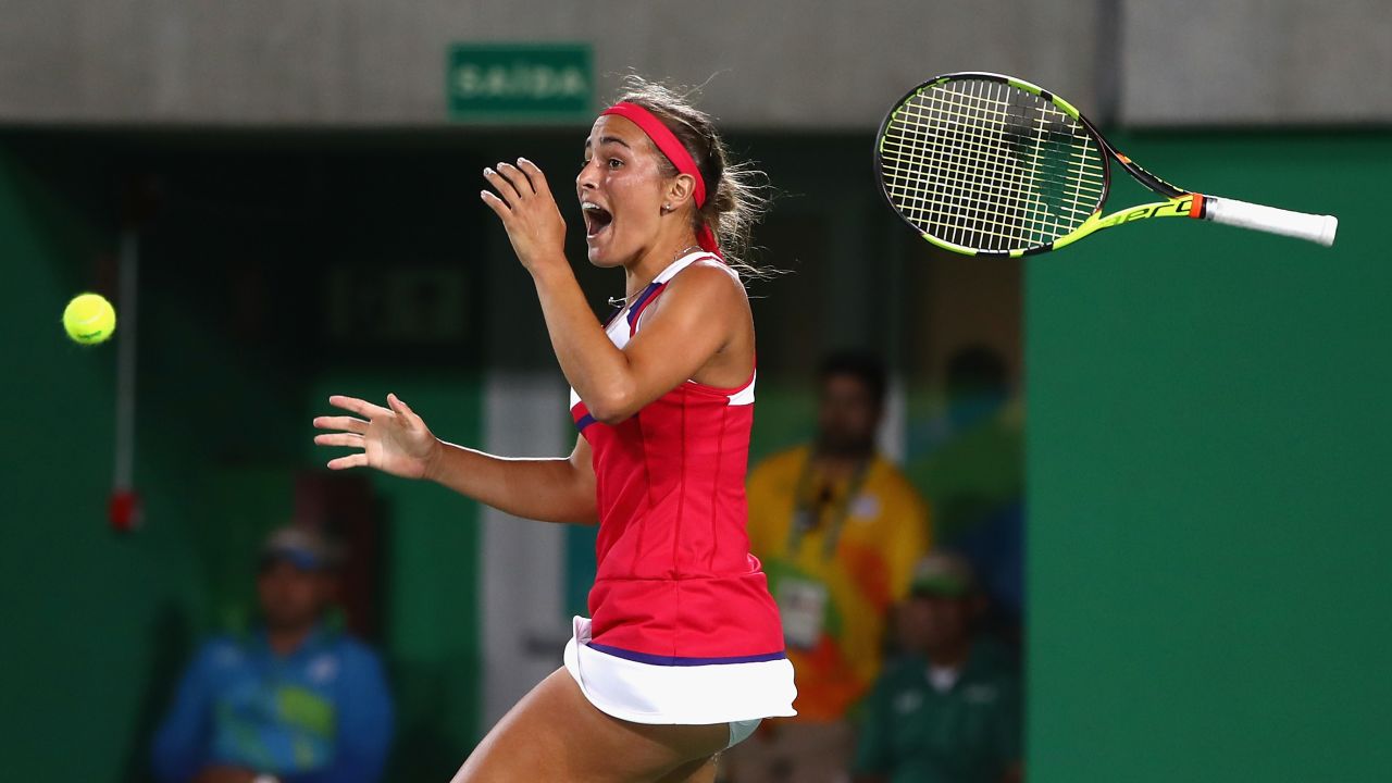 Monica Puig of Puerto Rico reacts after defeating Angelique Kerber of Germany.