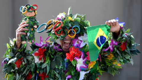 A Brazilian fan cheers before the start of the Women's Marathon.