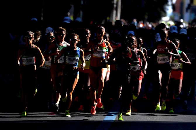 Runners compete in the Women's Marathon on Day 9 of the Rio 2016 Olympic Games on Sunday, August 14.