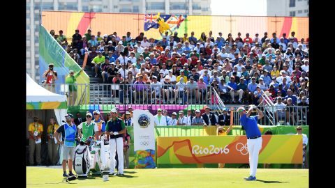 Mikko Ilonen of Finland takes a shot from the first tee at the Olympic Golf Course.