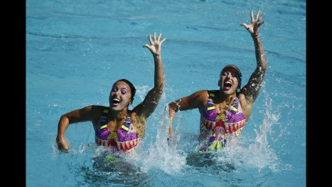 Colombian synchronized swimming duet Estefania Alvarez Piedrahita and Monica Sarai Arango Estrada perform during the Duets Free Routine preliminaries.