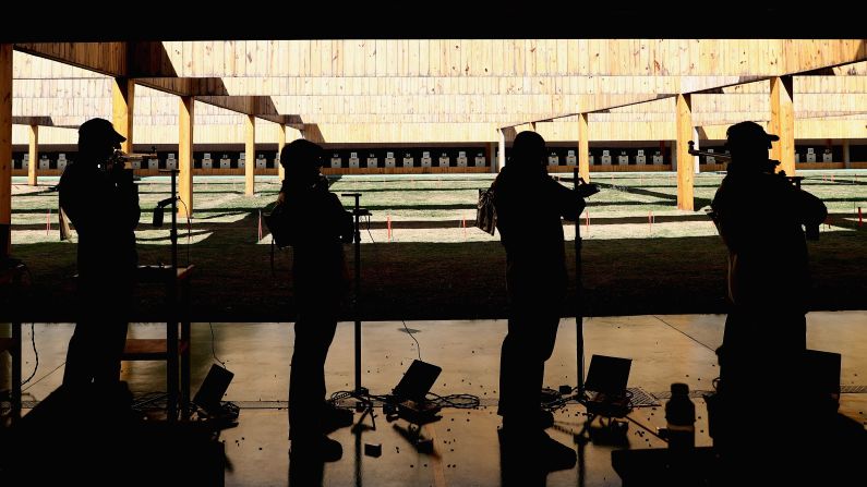 Athletes compete in the 50m rifle 3 position qualifying event.