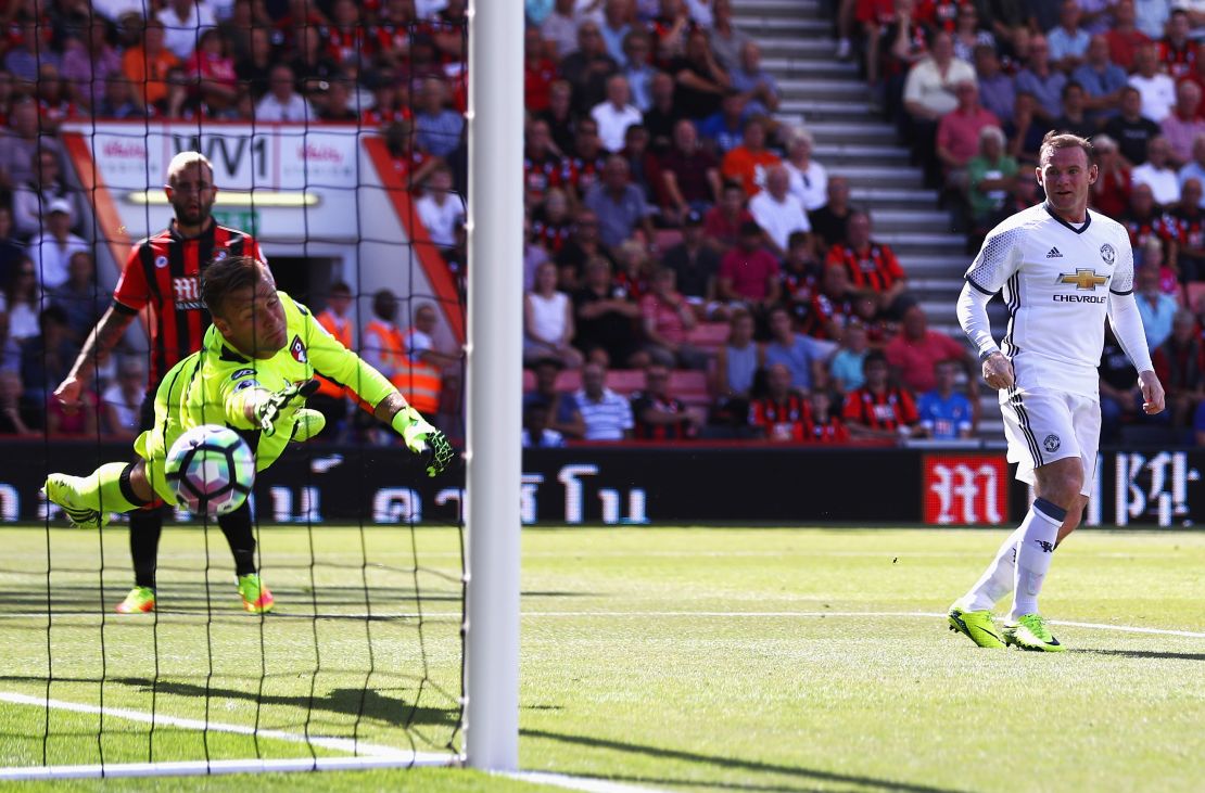 Wayne Rooney  (right) scored his team's second goal with a cleaver header which evaded the Bournemouth goalkeeper. 